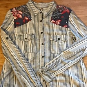 Free People button striped floral cotton shirt